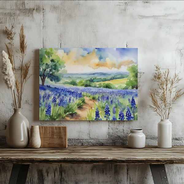 Bluebonnet Flower Field Canvas Print | Watercolor Texas Landscape Art | 1.25” Gallery Wrap | Premium Nature Wall Decor for Ho