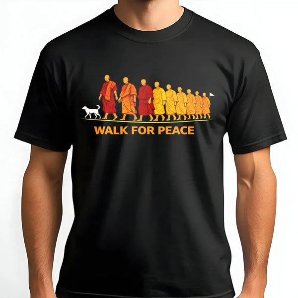 Walk For Peace T-Shirt | Buddhist Monk Dog Graphic Tee | Premium 100% Cotton Apparel | Inspirational Spiritual Gift for Yoga 