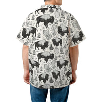 Bison Hawaiian Shirt | Western Desert Cactus Sketch Print | Durable Woven Polyester | Men’s Summer Vacation Button Down Gift
